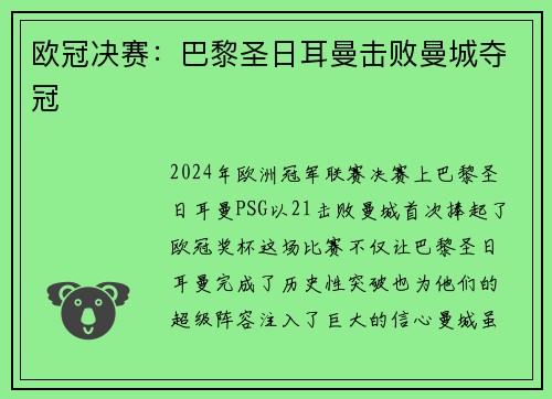 欧冠决赛：巴黎圣日耳曼击败曼城夺冠