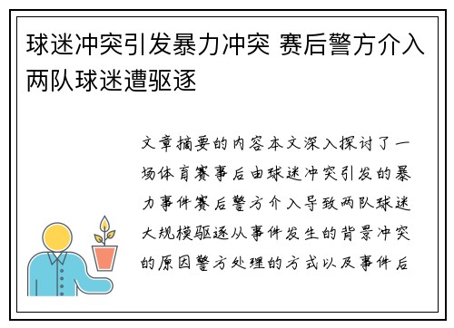 球迷冲突引发暴力冲突 赛后警方介入两队球迷遭驱逐