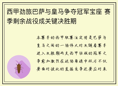 西甲劲旅巴萨与皇马争夺冠军宝座 赛季剩余战役成关键决胜期
