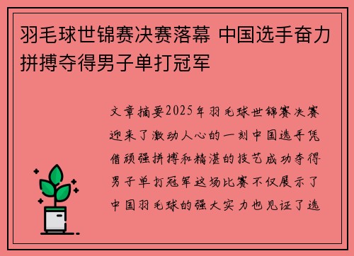 羽毛球世锦赛决赛落幕 中国选手奋力拼搏夺得男子单打冠军