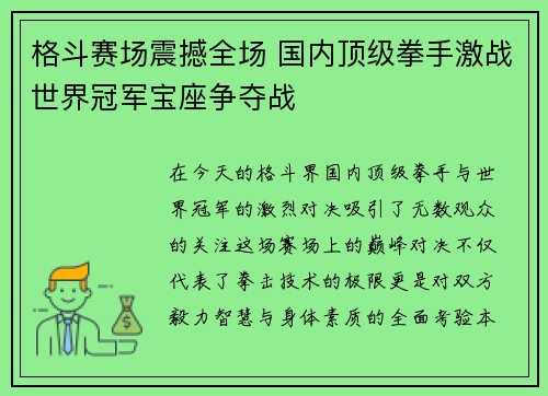格斗赛场震撼全场 国内顶级拳手激战世界冠军宝座争夺战